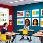 **A virtual classroom scene with students actively participating via interactive tools like virtual whiteboards, live polls, and group chats. The setting is warm and inviting, promoting engagement and a sense of community. Bright colors and modern technology are present.**